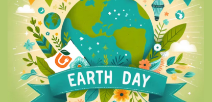 Graphic of Earth Day with world and flowers and light in the background